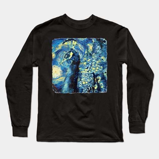 Peafowl Van Gogh Style Long Sleeve T-Shirt by todos